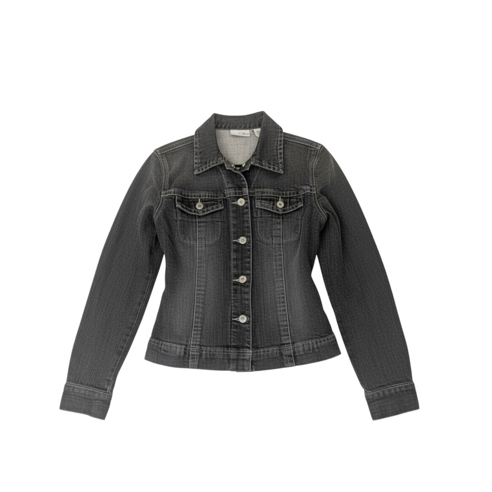 Chico's Platinum Denim Utility Jacket Size 0 (Std 2) Black Stretch Button Front